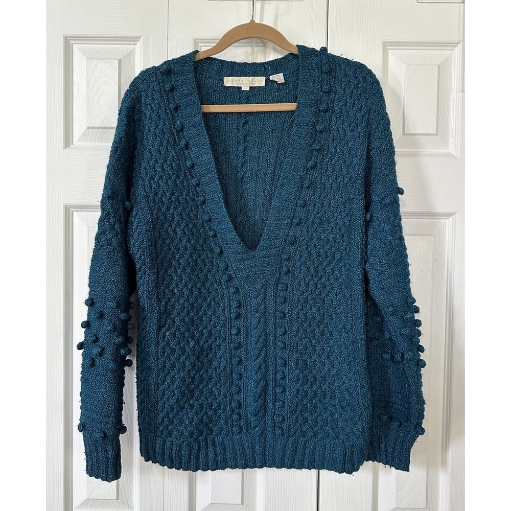 VTG Perry Ellis Teal Blue Wool Silk Pom Pom Hand Knit Sweater Size L Oversized